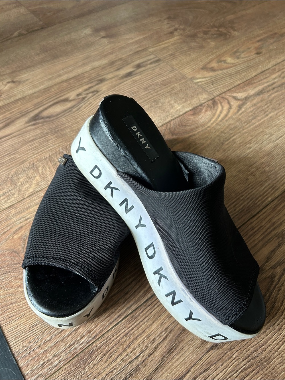 DKNY Black Slip-On Wedge Mules with Branded Platform